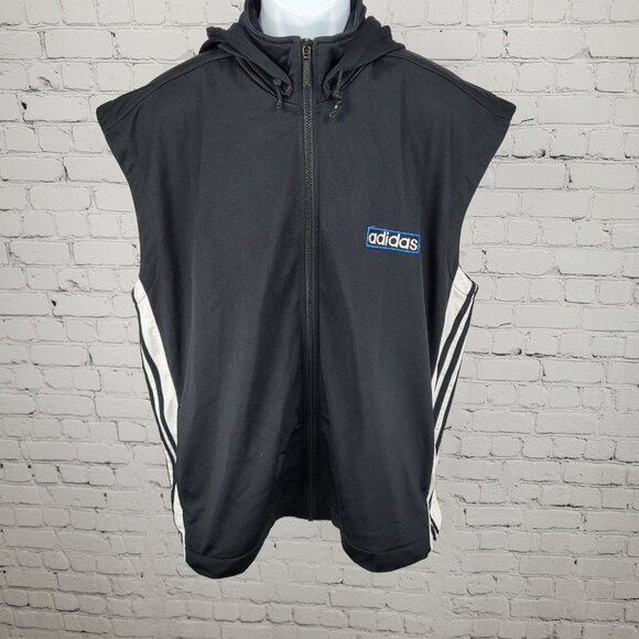 VTG Adidas Black Breakaway Snap Hood Sleeveless Full Zip Track Jacket Vest 90s L - Picture 1 of 15